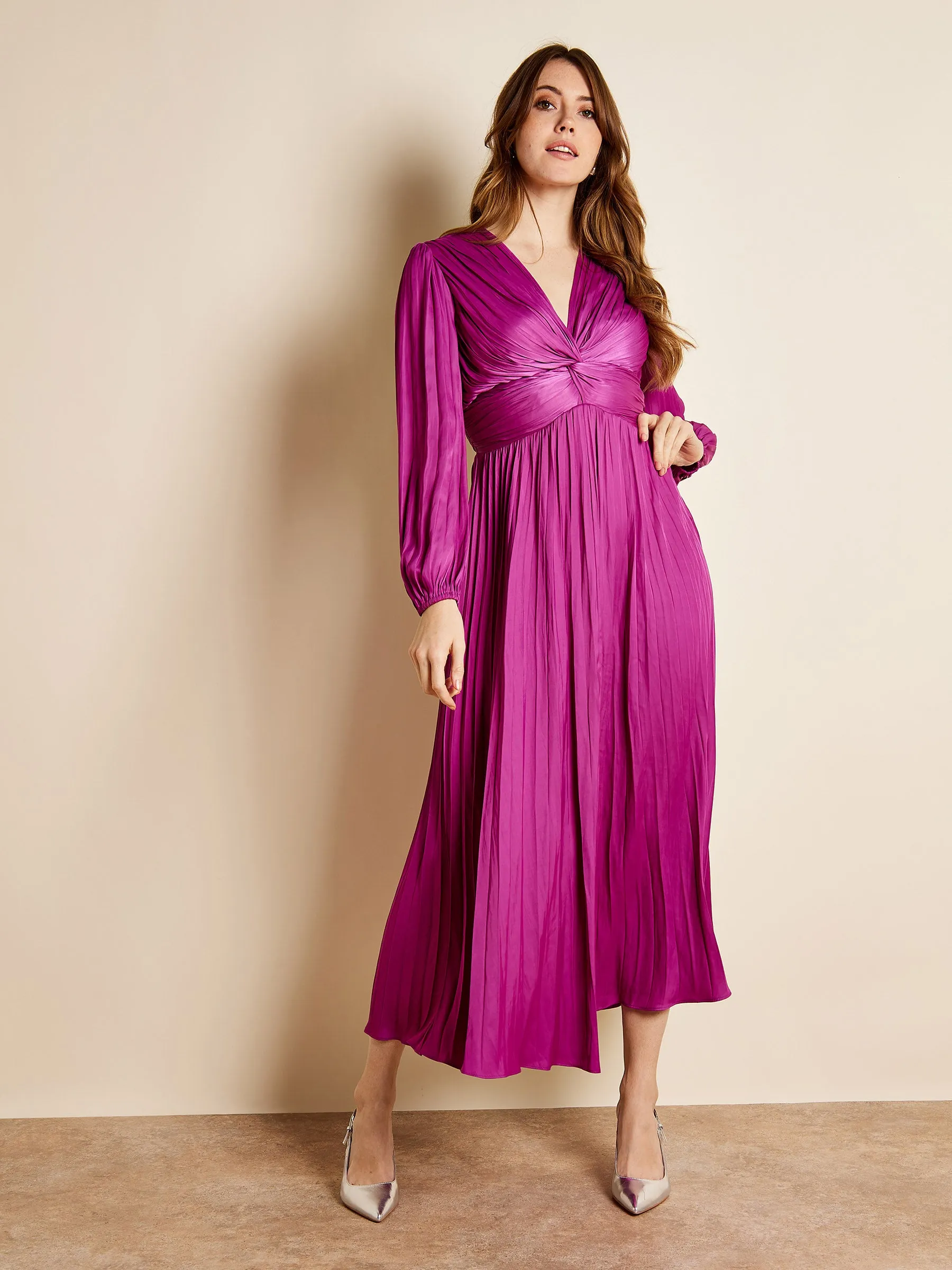 GWD Wilma Pleated Satin V-Neck Purple Maxi Dress sold by George W. Davies product image thumbnail 4