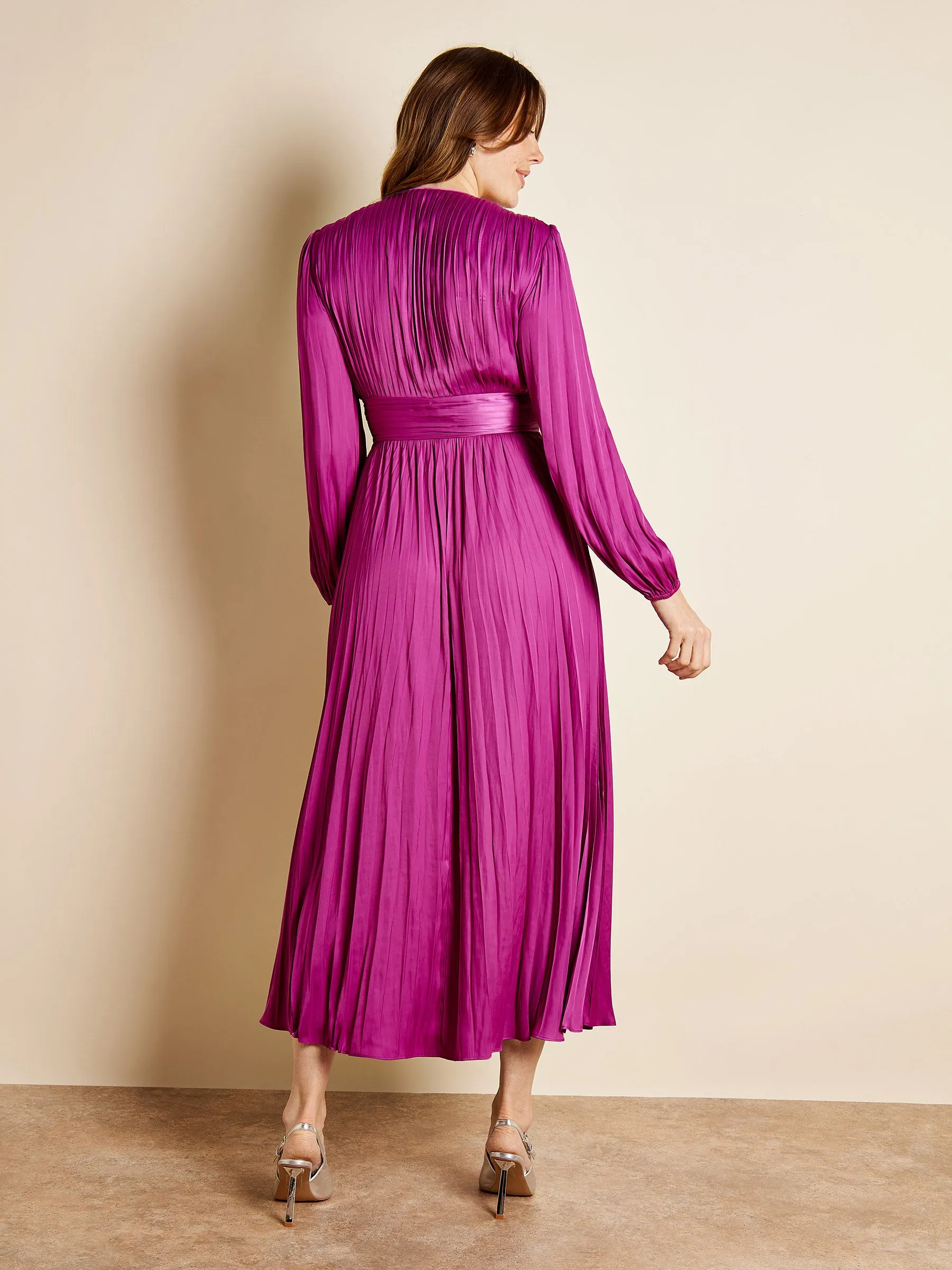 GWD Wilma Pleated Satin V-Neck Purple Maxi Dress sold by George W. Davies product image thumbnail 3