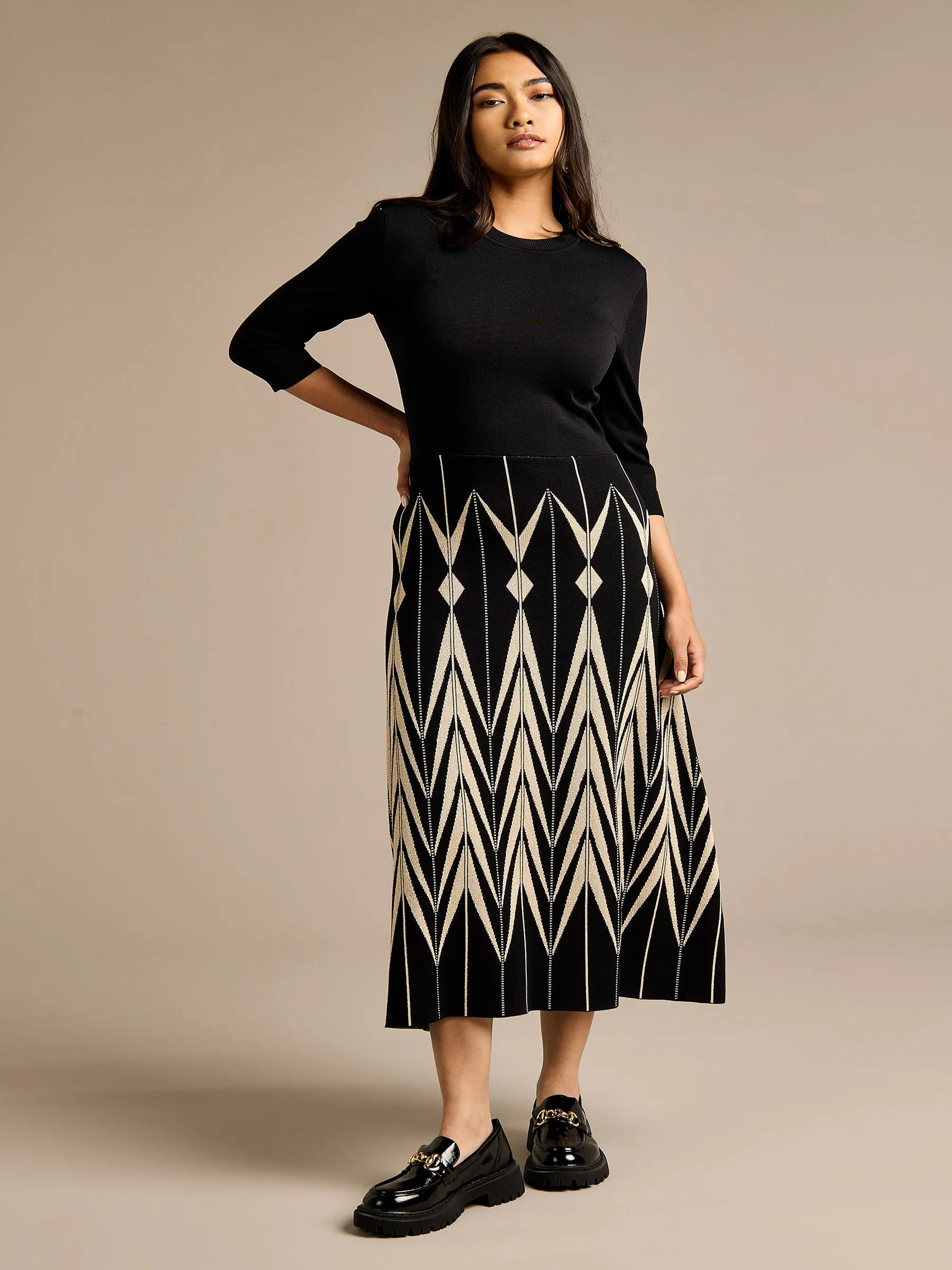 GWD Clover Geo Print Knitted Black Midi Dress sold by George W. Davies product image thumbnail 2