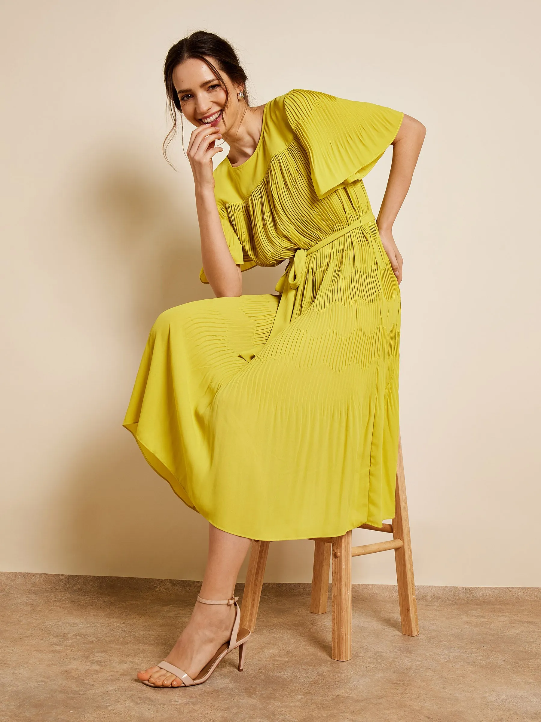 GWD Isla Pleated Chiffon Lime Midi Dress sold by George W. Davies