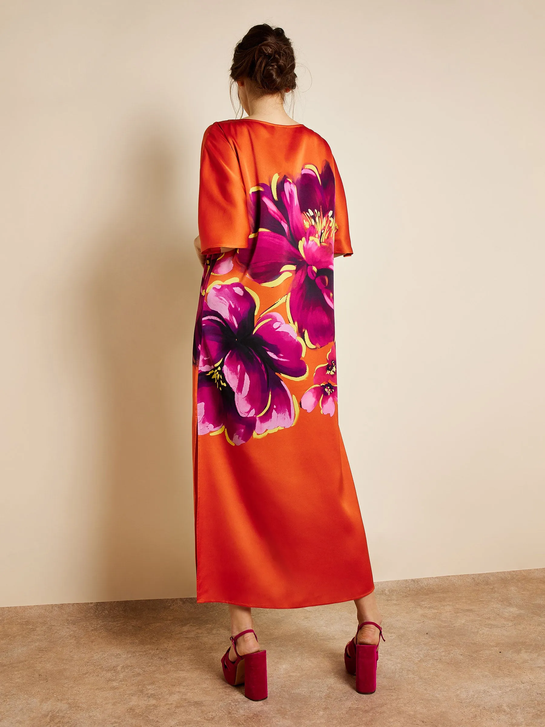 GWD Tropicana Orange Floral Printed Satin Kaftan sold by George W. Davies product image thumbnail 3