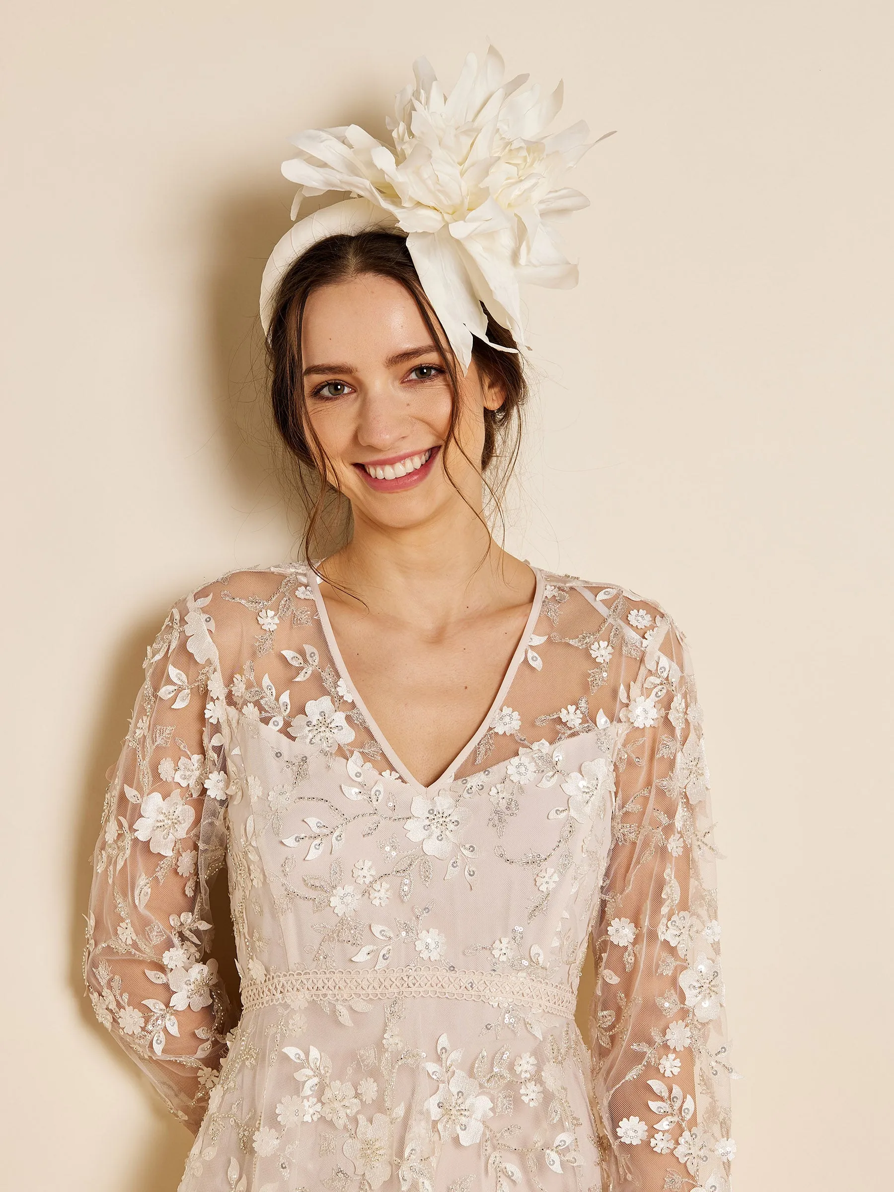 GWD Sparkle Sandy Embroidered Mesh Long Sleeved Cream Midi Dress sold by George W. Davies product image thumbnail 3