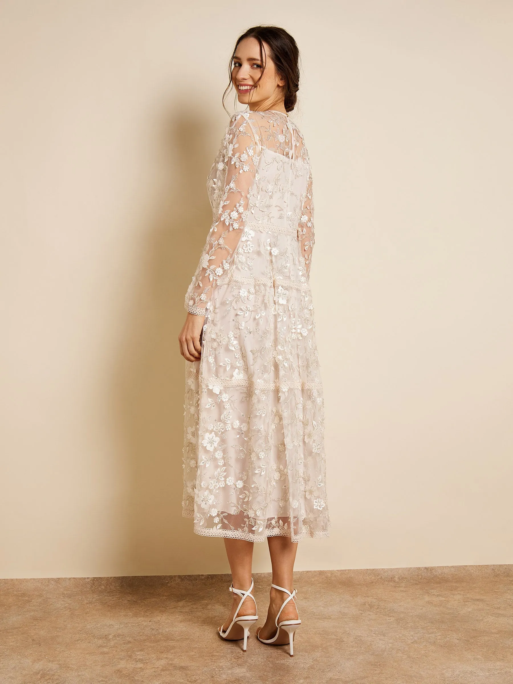 GWD Sparkle Sandy Embroidered Mesh Long Sleeved Cream Midi Dress sold by George W. Davies product image thumbnail 4