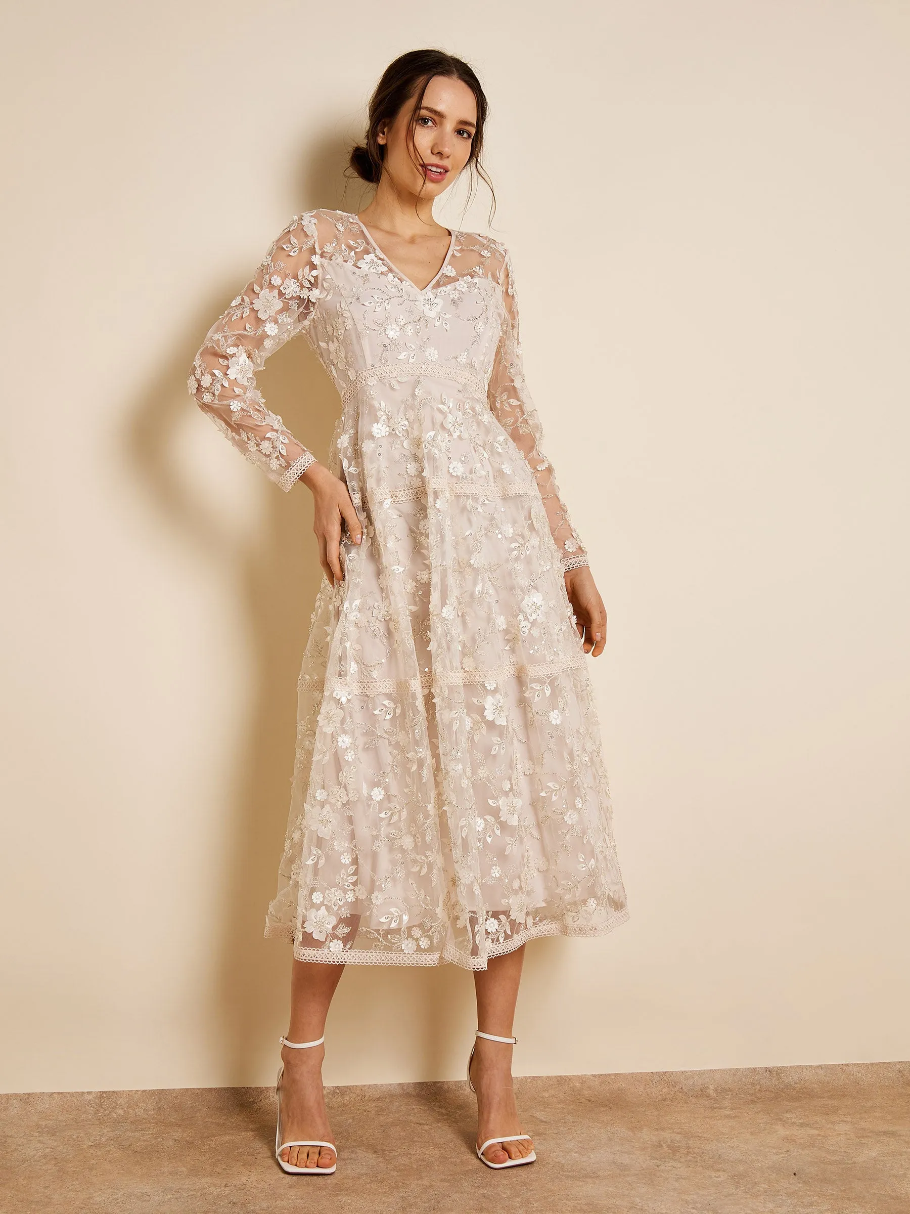 GWD Sparkle Sandy Embroidered Mesh Long Sleeved Cream Midi Dress sold by George W. Davies product image thumbnail 2