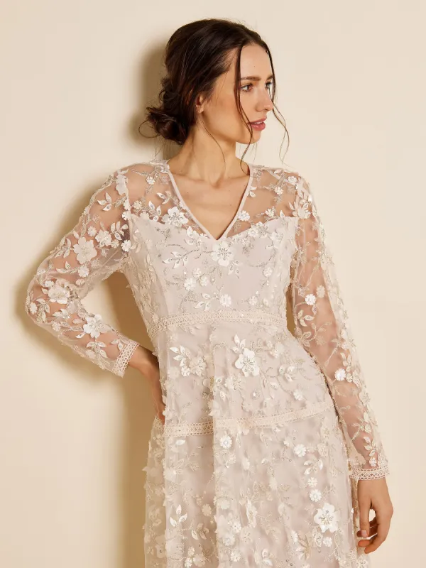 GWD Sparkle Sandy Embroidered Mesh Long Sleeved Cream Midi Dress sold by George W. Davies