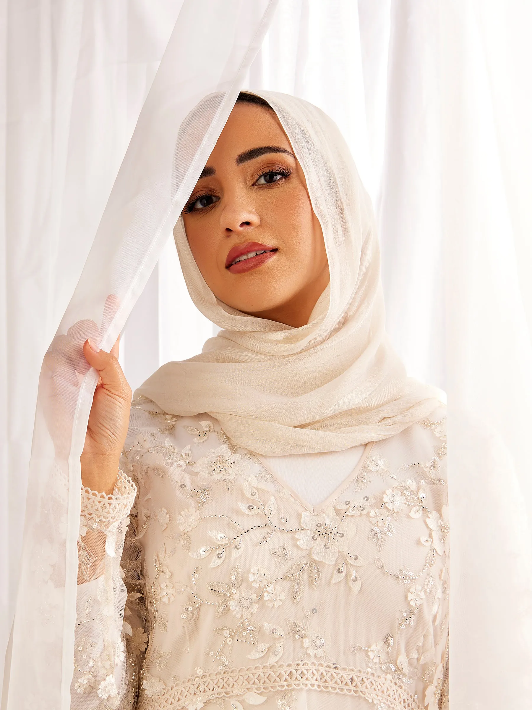 GWD Sparkle Sandy Embroidered Mesh Long Sleeved Cream Midi Dress sold by George W. Davies product image thumbnail 5