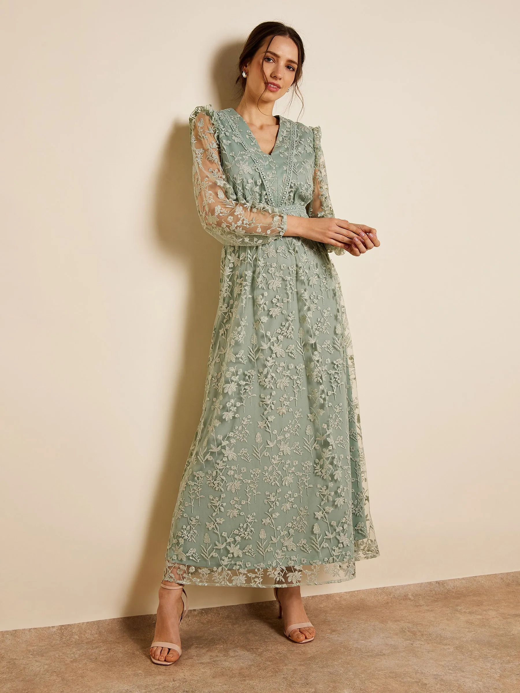 GWD Alouise Embroidered Mesh Mint Green Maxi Dress sold by George W. Davies