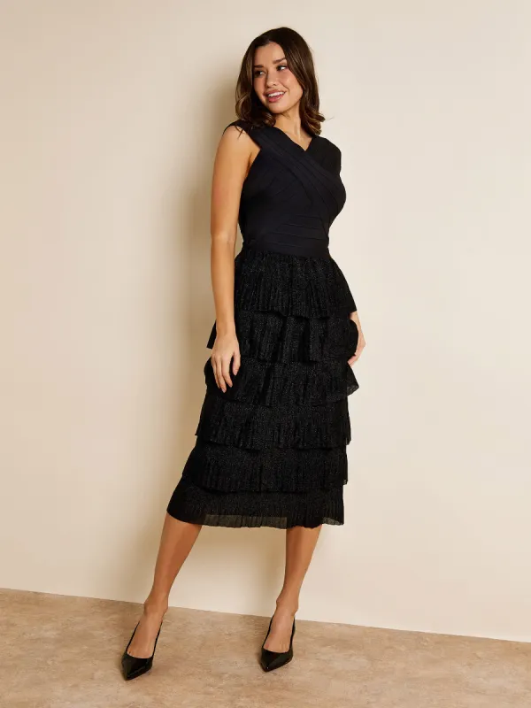 GWD Jessica Metallic Jersey Tiered Black Midi Dress sold by George W. Davies
