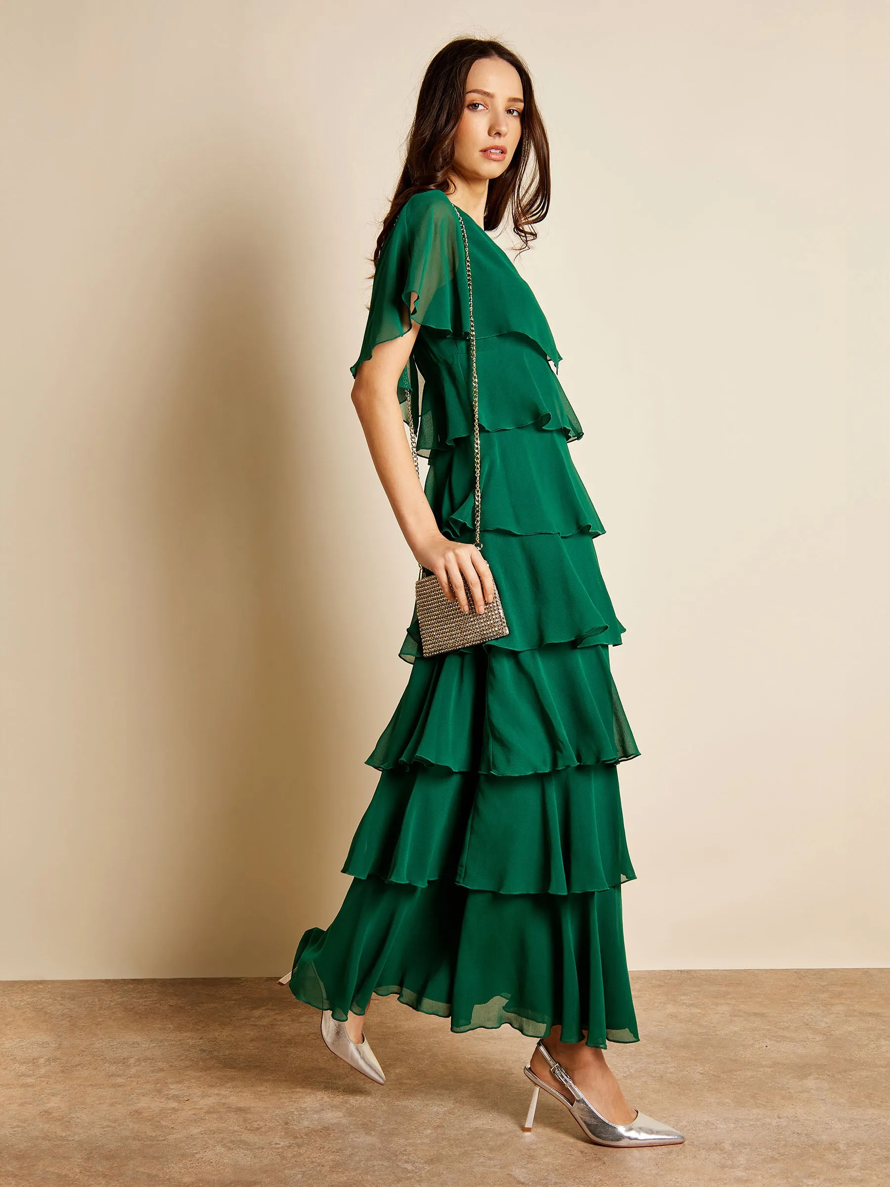 GWD Phoebe Tiered Chiffon Green Maxi Dress sold by George W. Davies