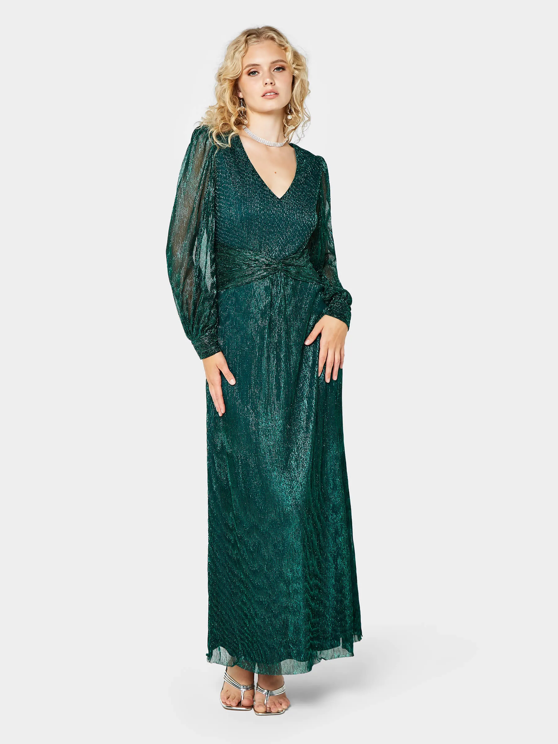 Eloise Stretch Metallic Teal Maxi Dress sold by George W. Davies