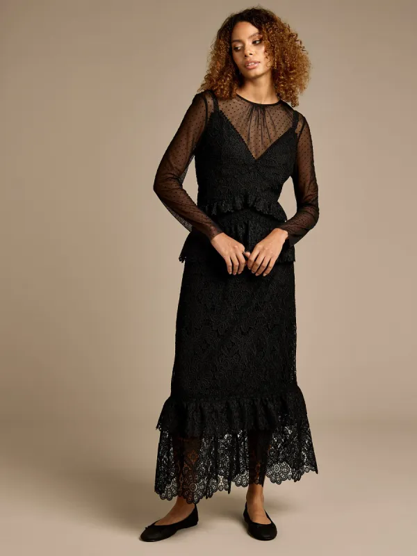 GWD Cowley Black Lace and Dobby Mesh Maxi Dress sold by George W. Davies