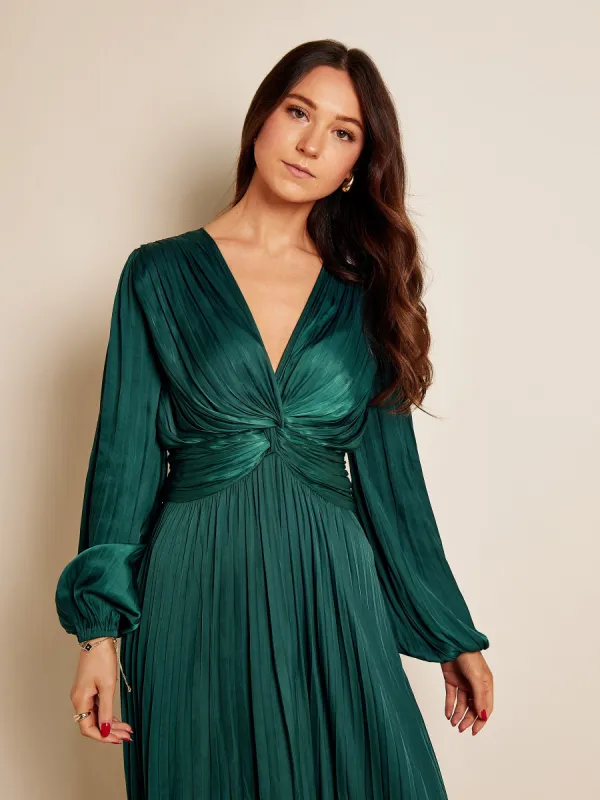 Wilma Pleated Satin V-Neck Green Maxi Dress sold by George W. Davies