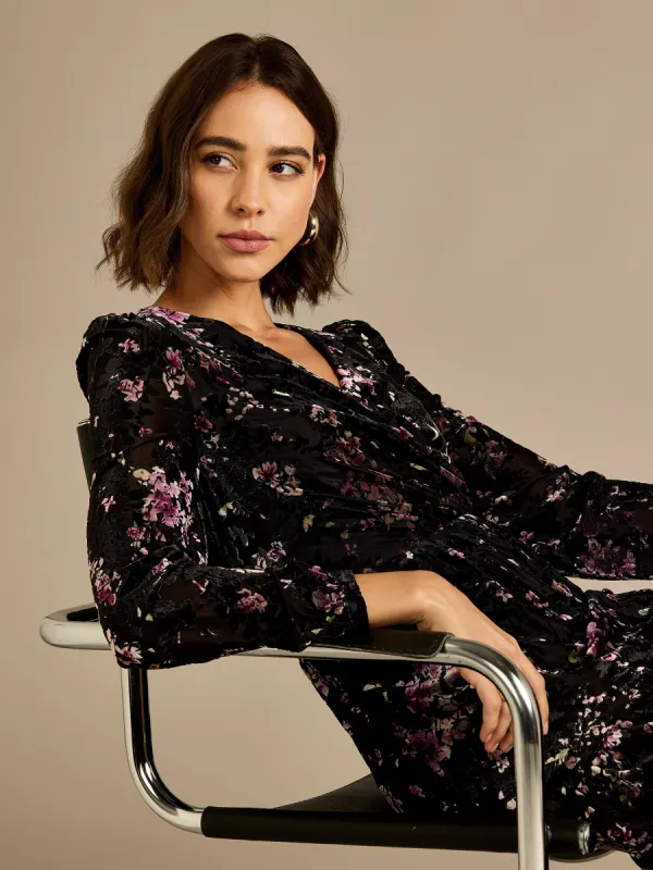 GWD Odell Black Printed Floral Devore Maxi Dress sold by George W. Davies