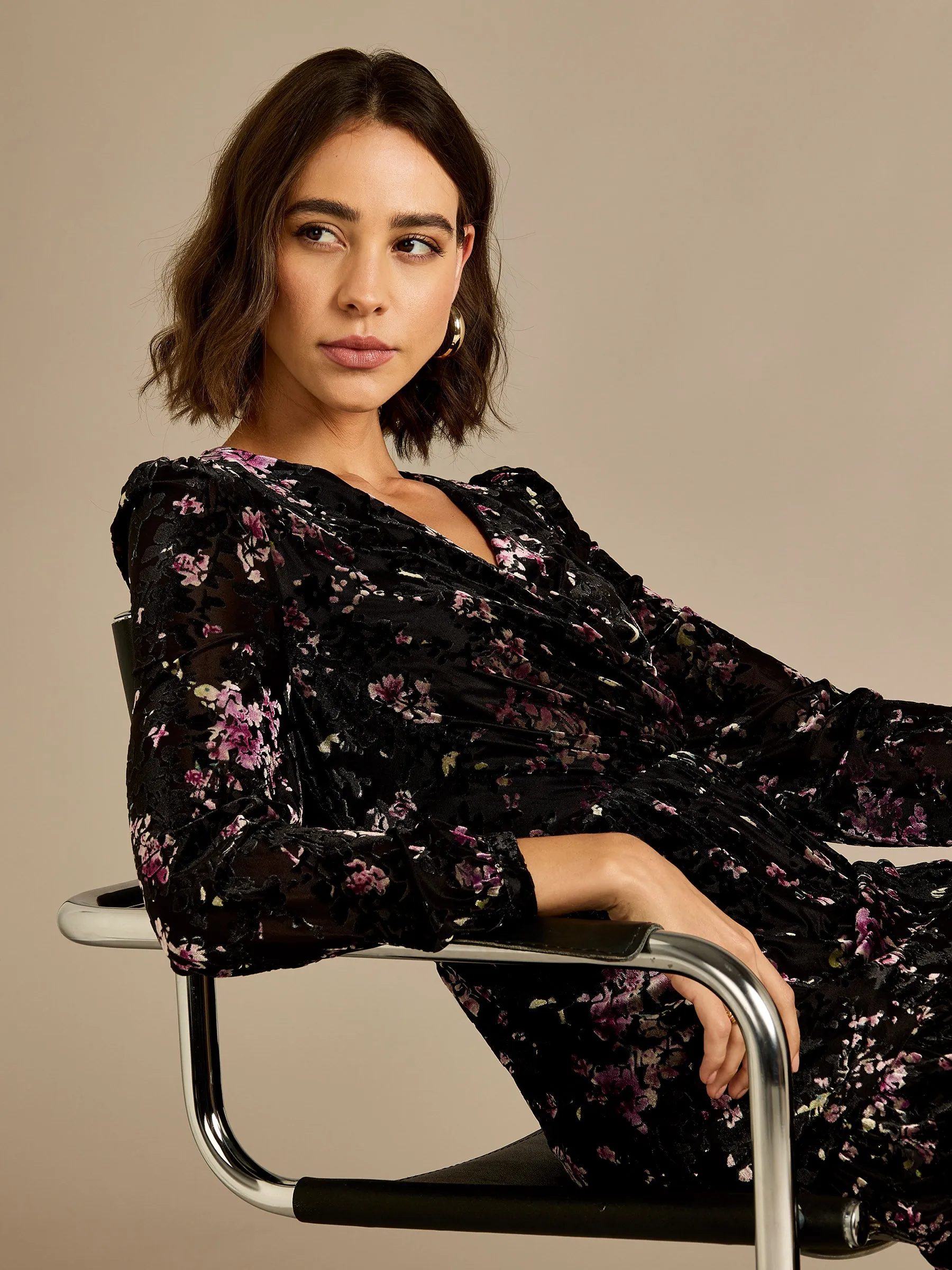 GWD Odell Black Printed Floral Devore Maxi Dress sold by George W. Davies