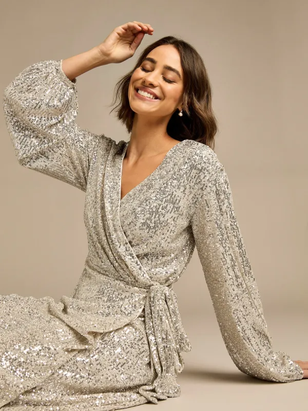 Karinne Silver Sequin Wrap Dress sold by George W. Davies