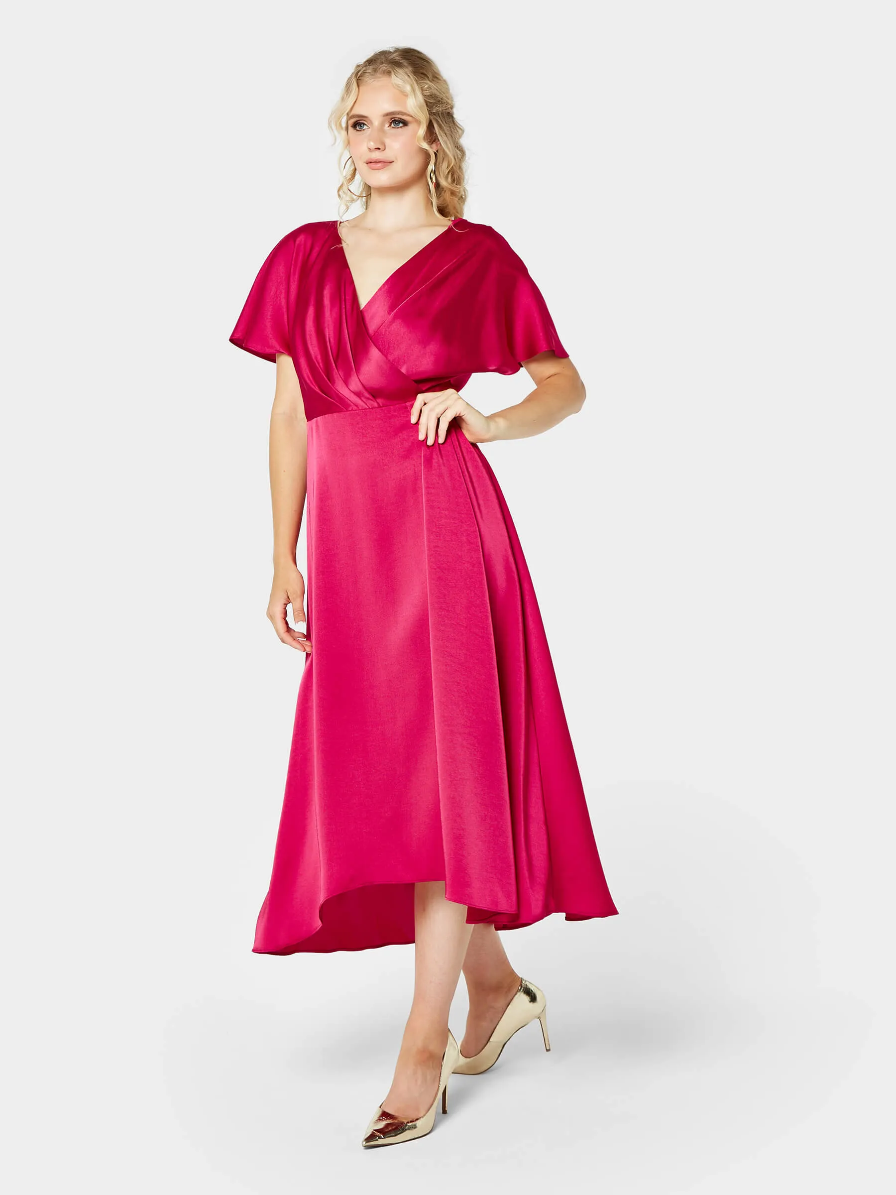 GWD Mira Pleated Satin Pink Midi Dress sold by George W. Davies