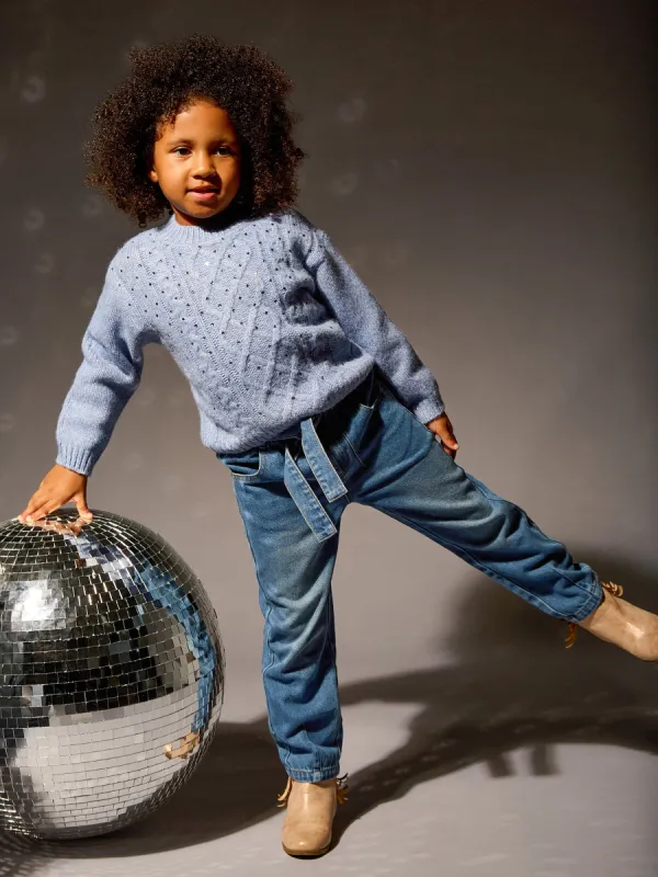 Molly Cornflour Blue Cable Knit Diamanté Jumper & Monica Mom Denim Jean Outfit sold by George W. Davies