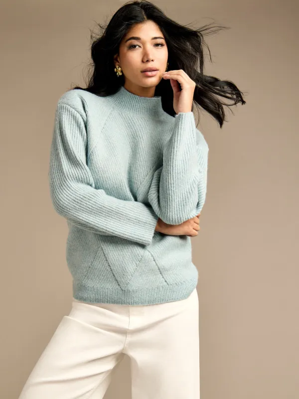 Joyful Aqua Knitted Wool Jumper & Dottie White Wide Leg Denim Jean Outfit sold by George W. Davies