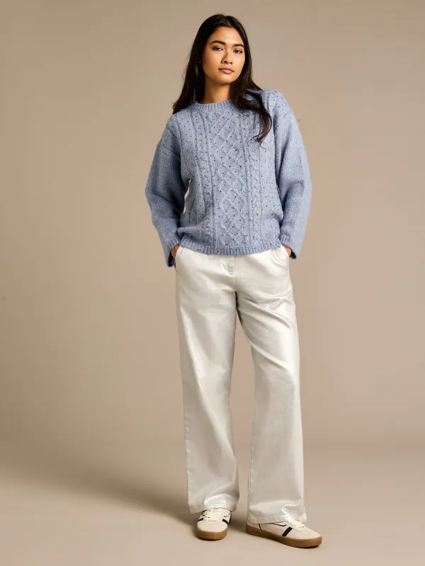 Jerica Blue Wool Cable Knit Diamanté Jumper & Jessy Silver Coated Denim Wide Leg Jean Outfit sold by George W. Davies