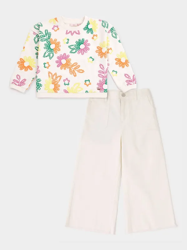Orla White Floral Print Sweatshirt & Grace Cream Wide Leg Jean Outfit sold by George W. Davies