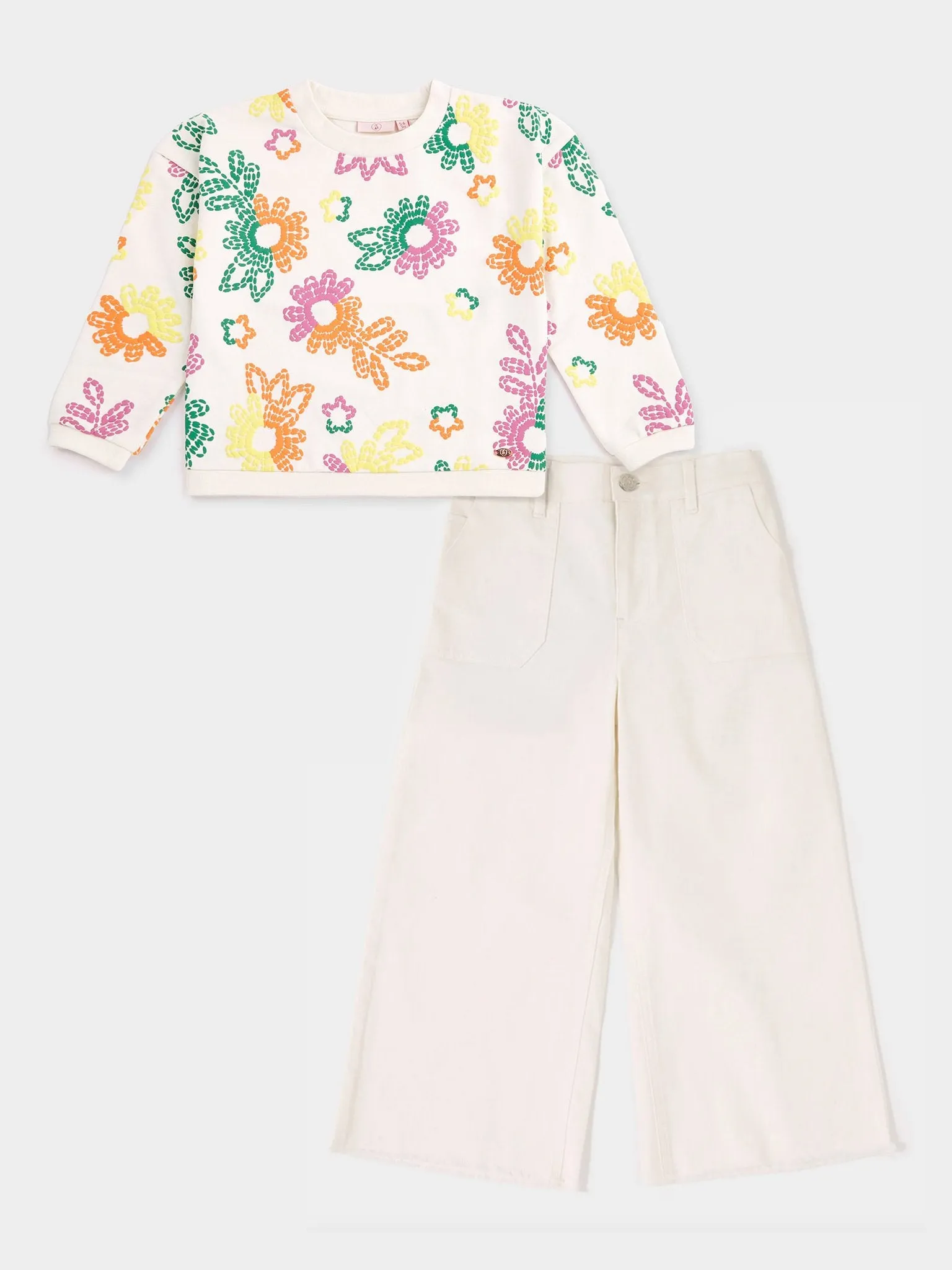 Orla White Floral Print Sweatshirt & Grace Cream Wide Leg Jean Outfit sold by George W. Davies
