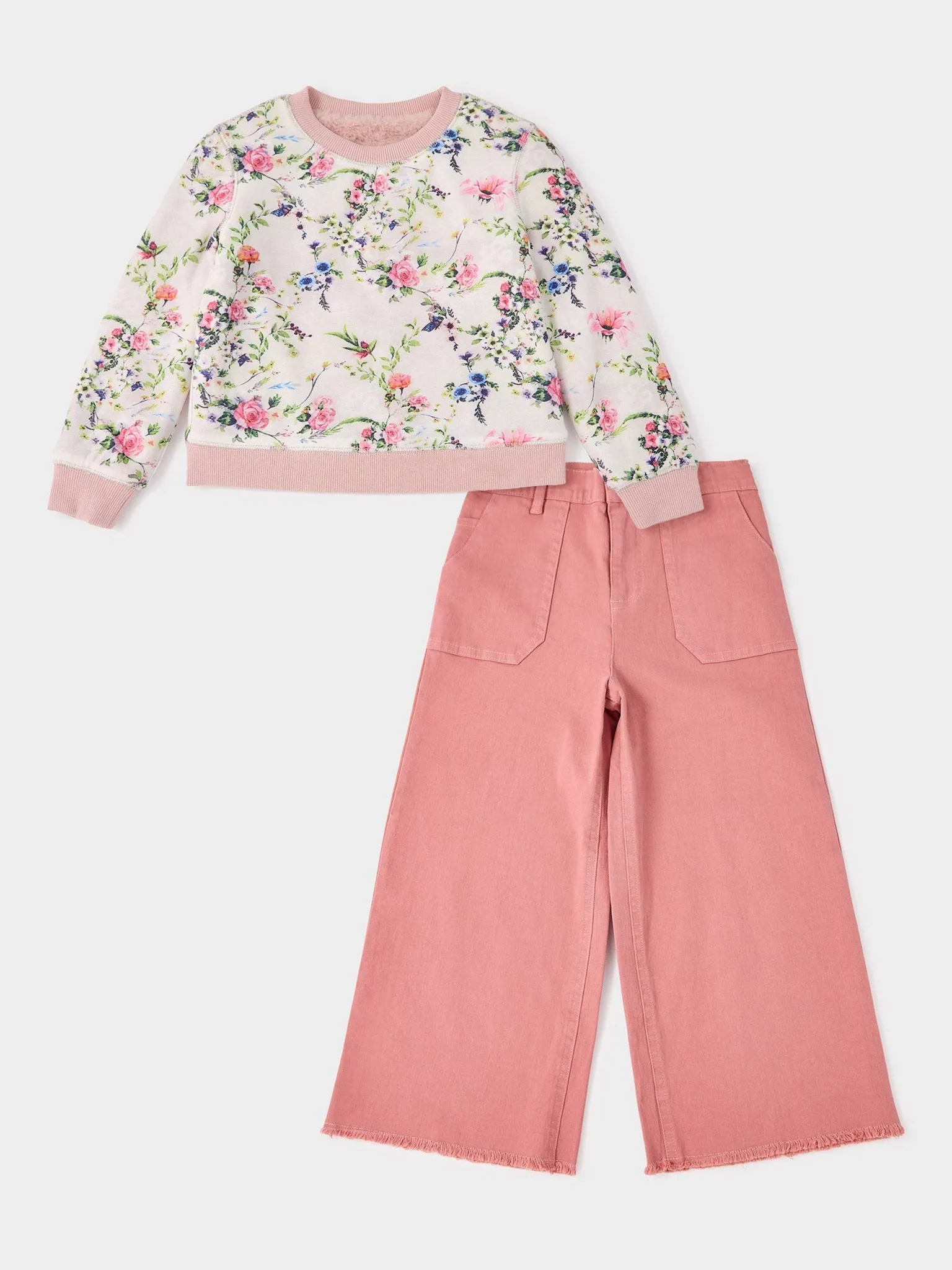 Faye Cathy Reversible Faux Fur and Floral Print Sweatshirt & Grace Pink Wide Leg Jean Outfit sold by George W. Davies