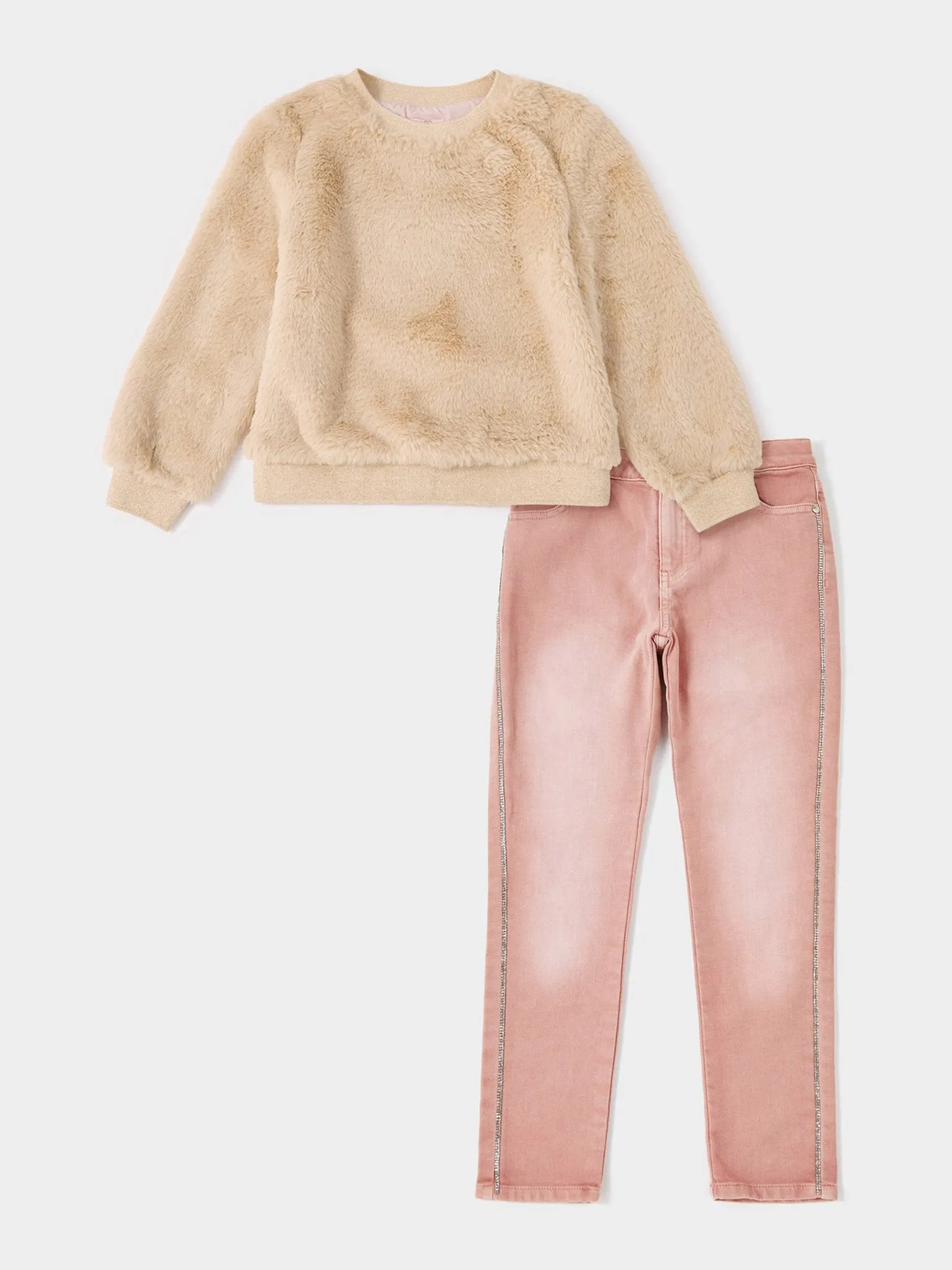 Cathy Cream Fur Sweatshirt & Sophia Stretch Skinny Jean Pink Outfit sold by George W. Davies