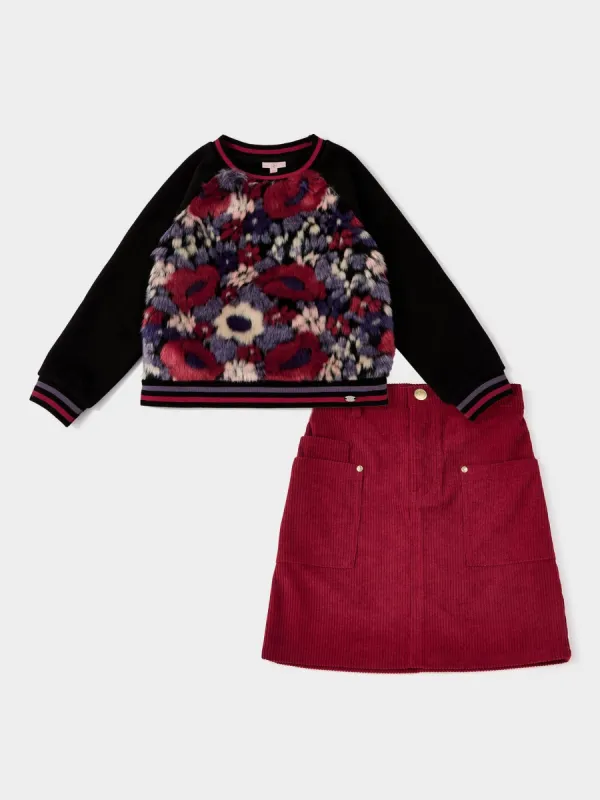 Lulu Mae Floral Faux Fur Sweatshirt & Phoebe Burgundyed Corduroy Skirt sold by George W. Davies
