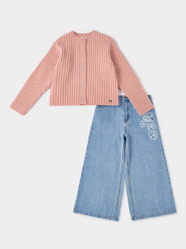 Vicky Knitted Sequin Cardigan & Madge Wide Leg Indigo Denim Jean Outfit sold by George W. Davies