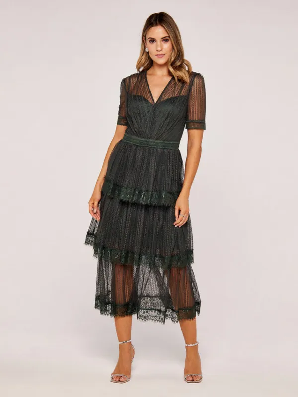 GWD Ariella Green Maxi Lace V-Neck Tiered Dress sold by George W. Davies