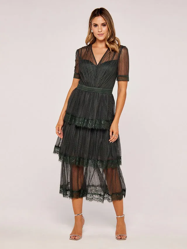 GWD Ariella Green Maxi Lace V-Neck Tiered Dress sold by George W. Davies