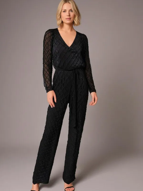 GWD Jade Black Chiffon Long Sleeve Beaded Jumpsuit sold by George W. Davies