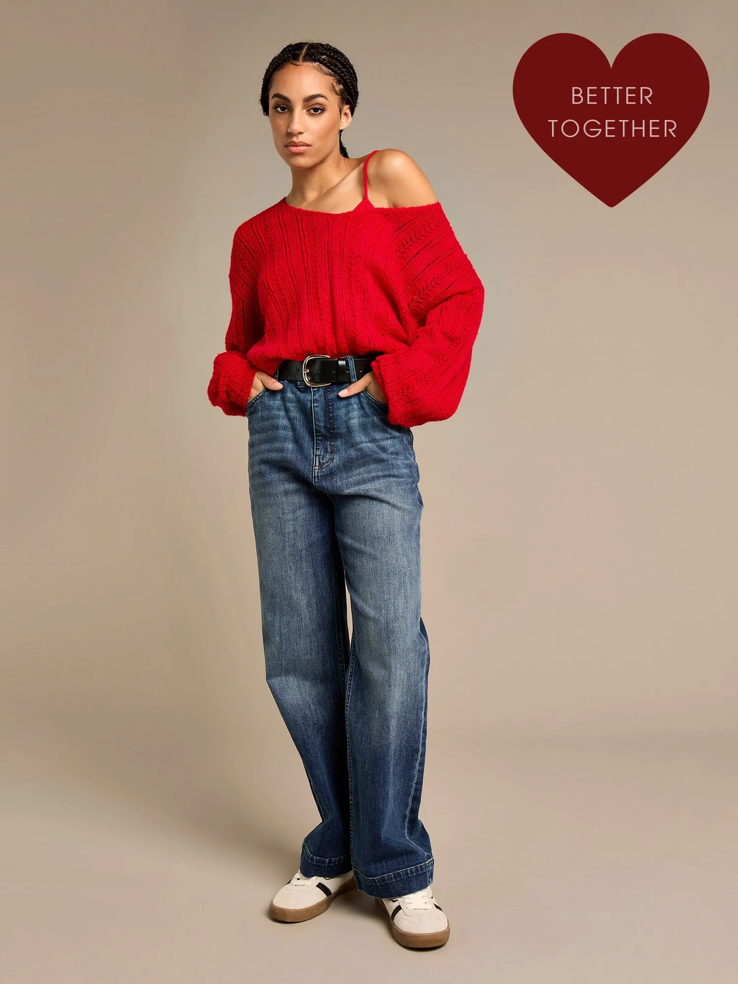 Arla-Bailey Red Knitted Top and Dixie Indigo Straight Leg Jean Outfit sold by George W. Davies