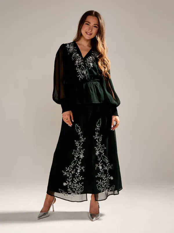 GWD Floral Embellished Sparda Skirt in Dark Green made by George W. Davies