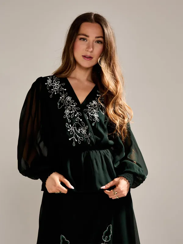 GWD Floral Dark Green Embellished Sparda Top made by George W. Davies