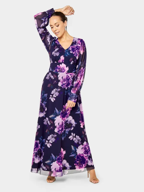 GWD Jennifer Navy Long Sleeve Lilac floral print Maxi Dress sold by George W. Davies