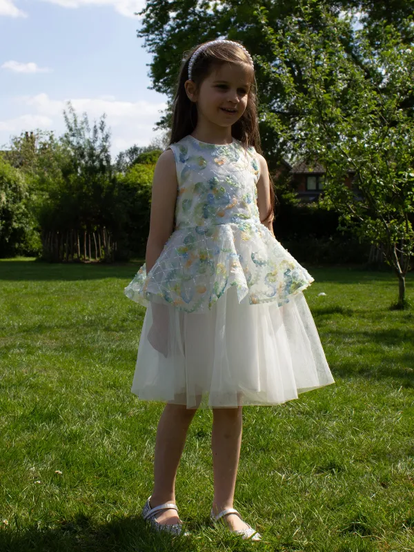 GWD Forest Fairy Dress – White Floral Appliqué Peplum Party Dress sold by George W. Davies