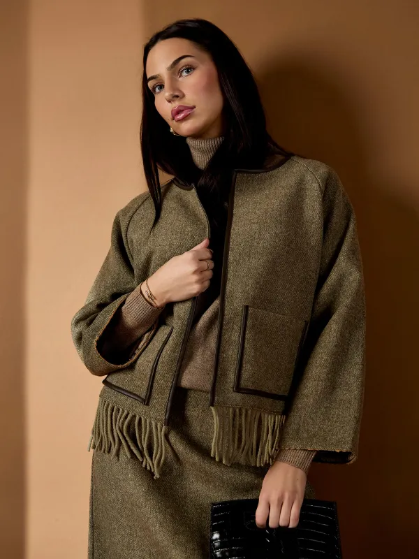 Meredith Wool Blend Tassel Jacket – Olive Herringbone sold by George W. Davies