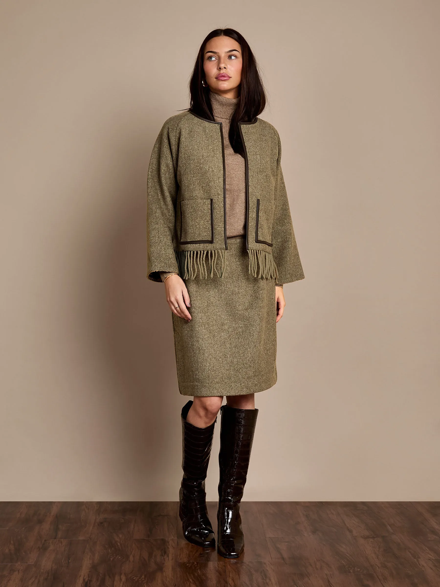 GWD Meredith Wool Blend Tassel Jacket – Olive Herringbone sold by George W. Davies product image thumbnail 2