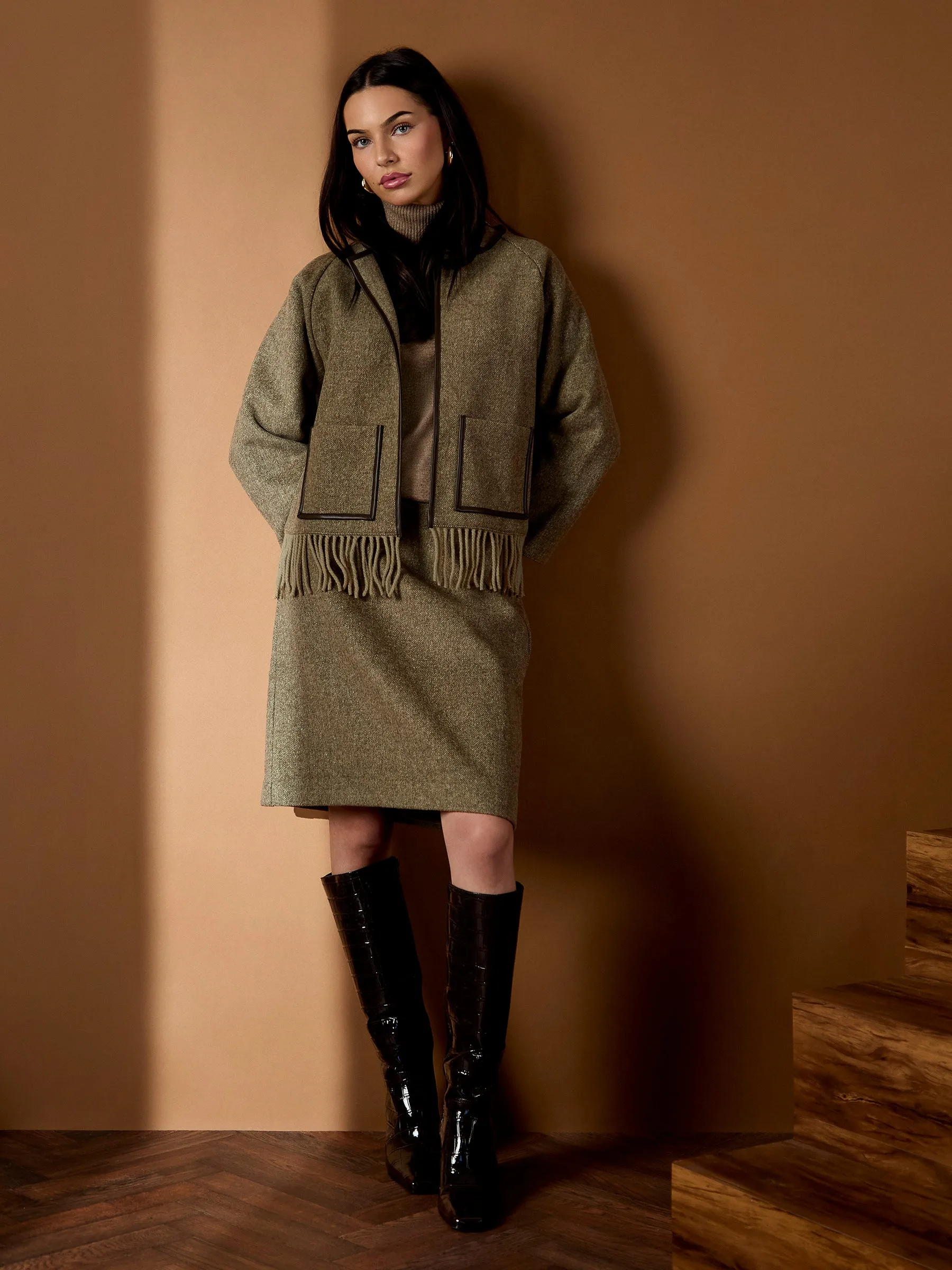 GWD Meredith Wool Blend Skirt – Olive Herringbone sold by George W. Davies