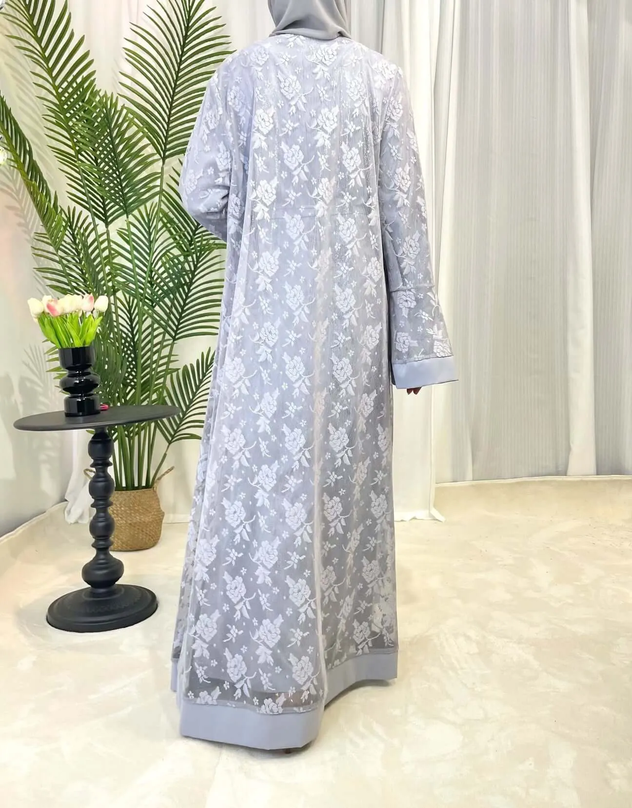 Luxury Rose Lace Abaya 3-Piece Set with Zipper & Flared Cuffs sold by Evofash product image thumbnail 3