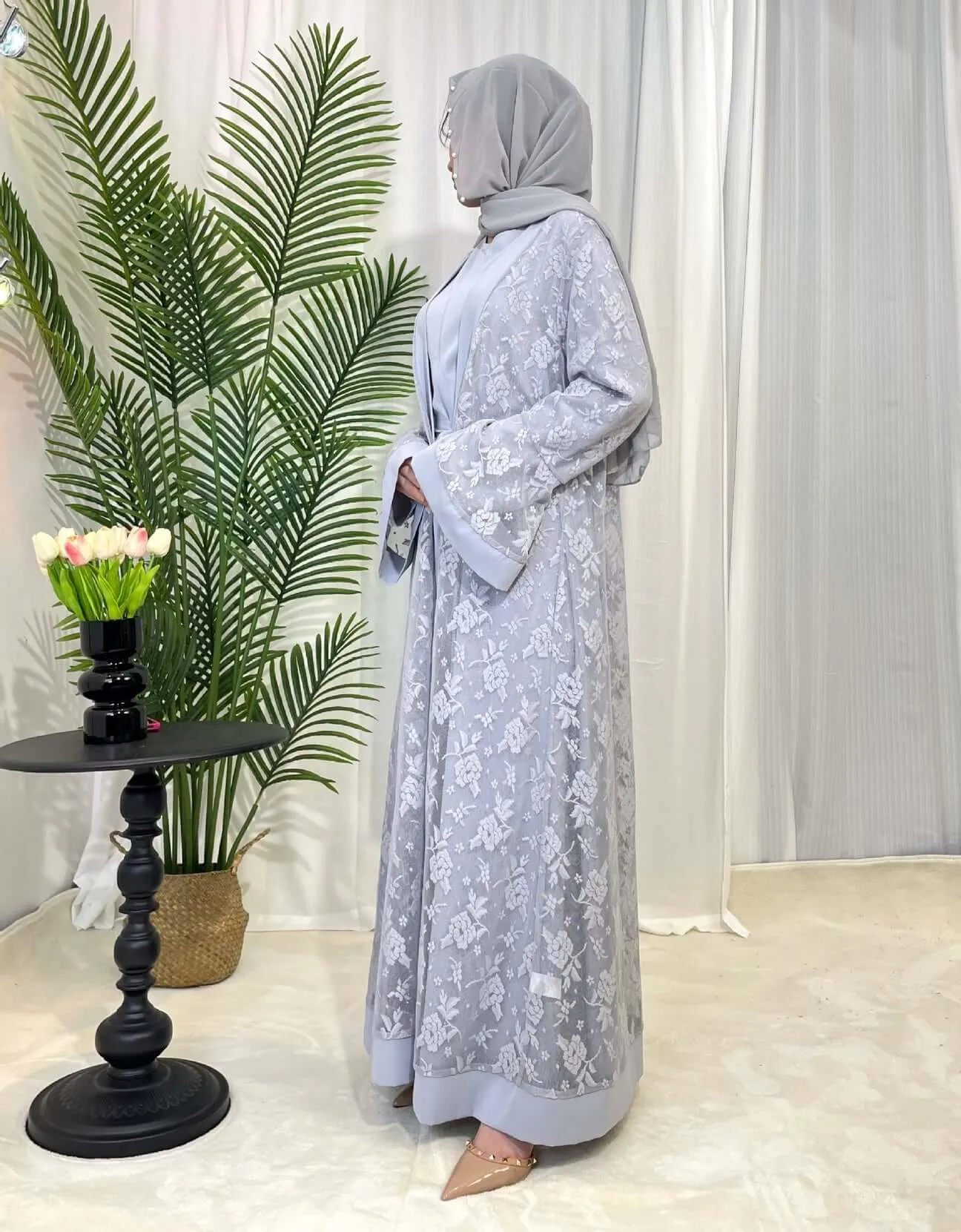 Luxury Rose Lace Abaya 3-Piece Set with Zipper & Flared Cuffs sold by Evofash product image thumbnail 2