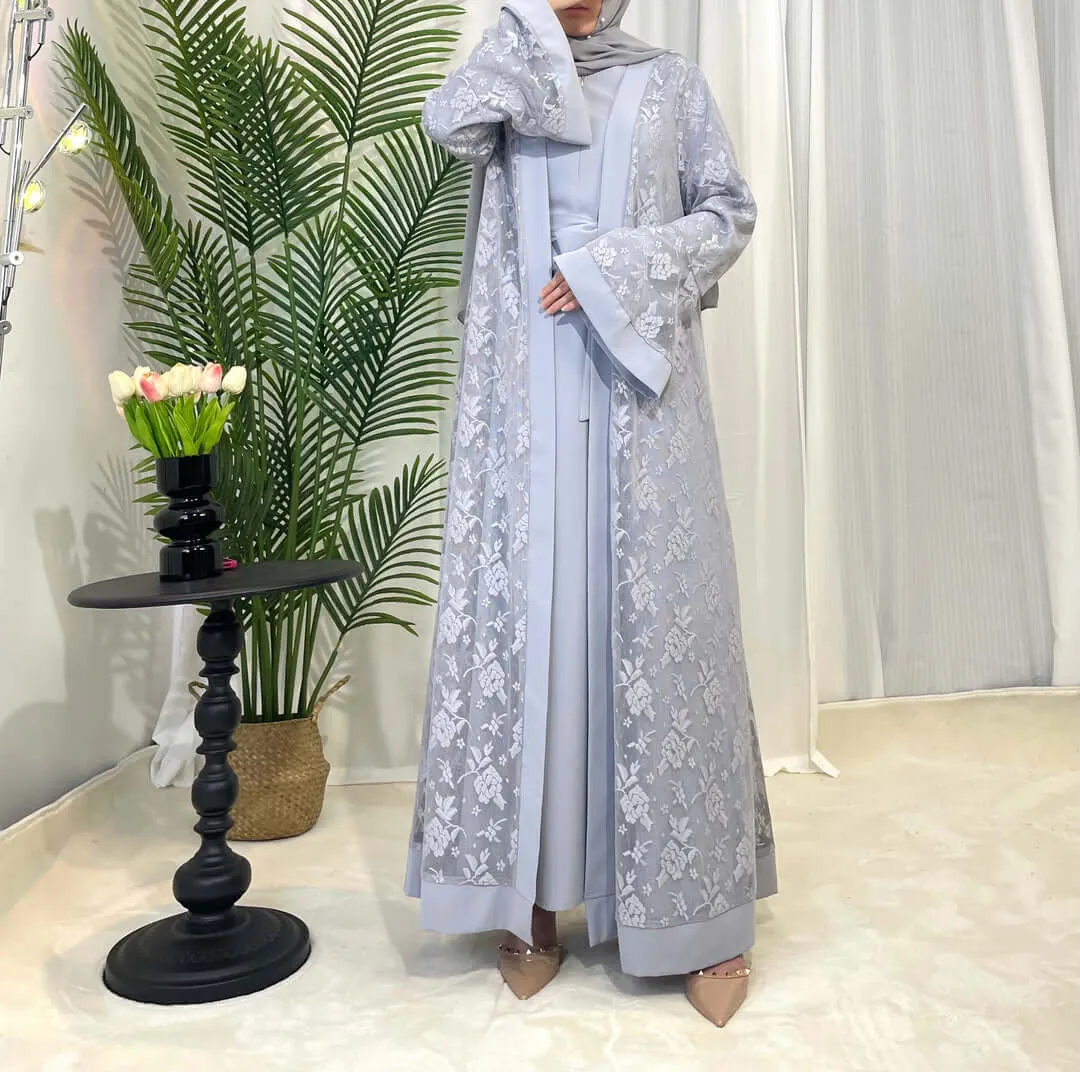 Luxury Rose Lace Abaya 3-Piece Set with Zipper & Flared Cuffs sold by Evofash