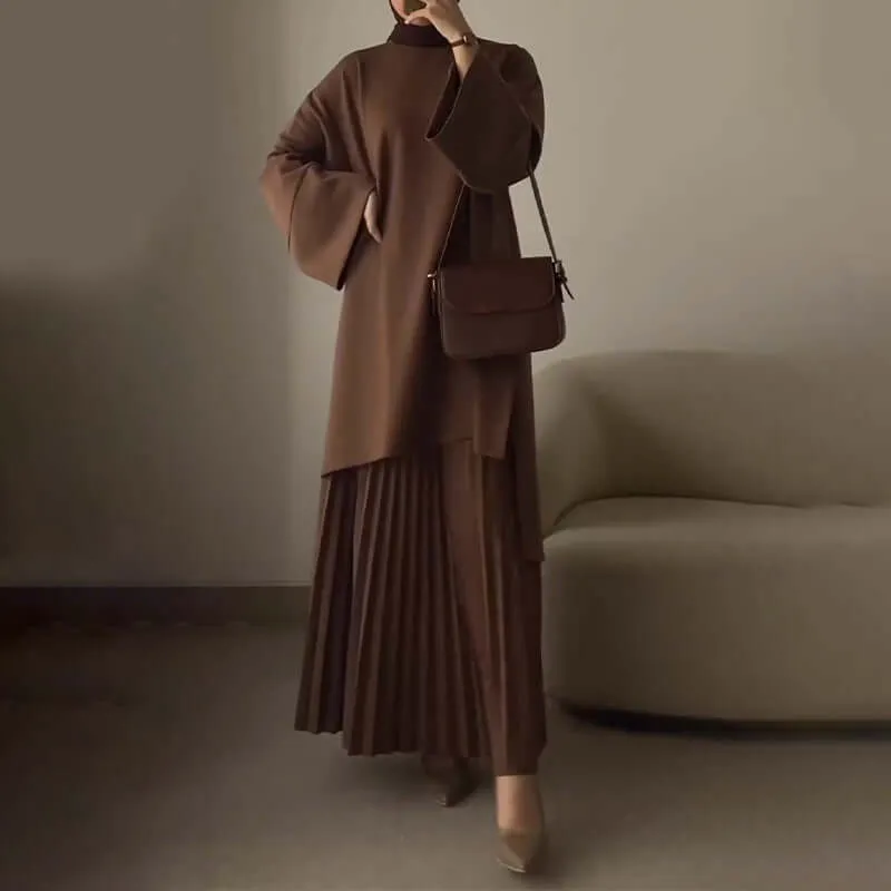 Round Neck Top & Pleated Skirt 2-Piece Set sold by Evofash
