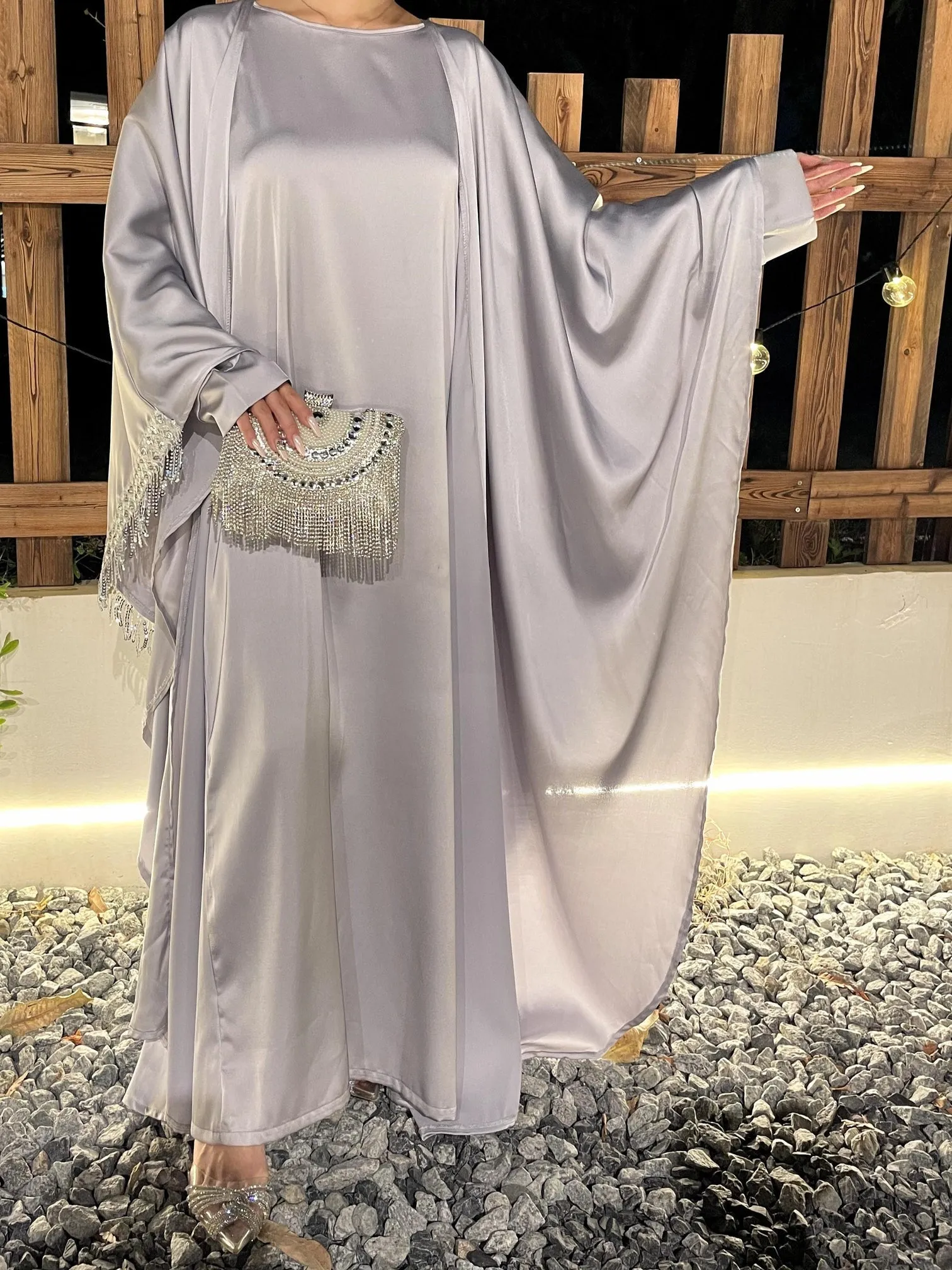 Butterfly Satin Abaya Set 2 Pieces Modest Clothing With Inner Dress sold by Evofash product image thumbnail 3