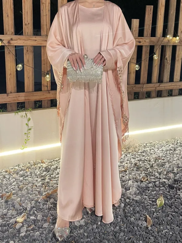 Butterfly Satin Abaya Set 2 Pieces Modest Clothing With Inner Dress sold by Evofash