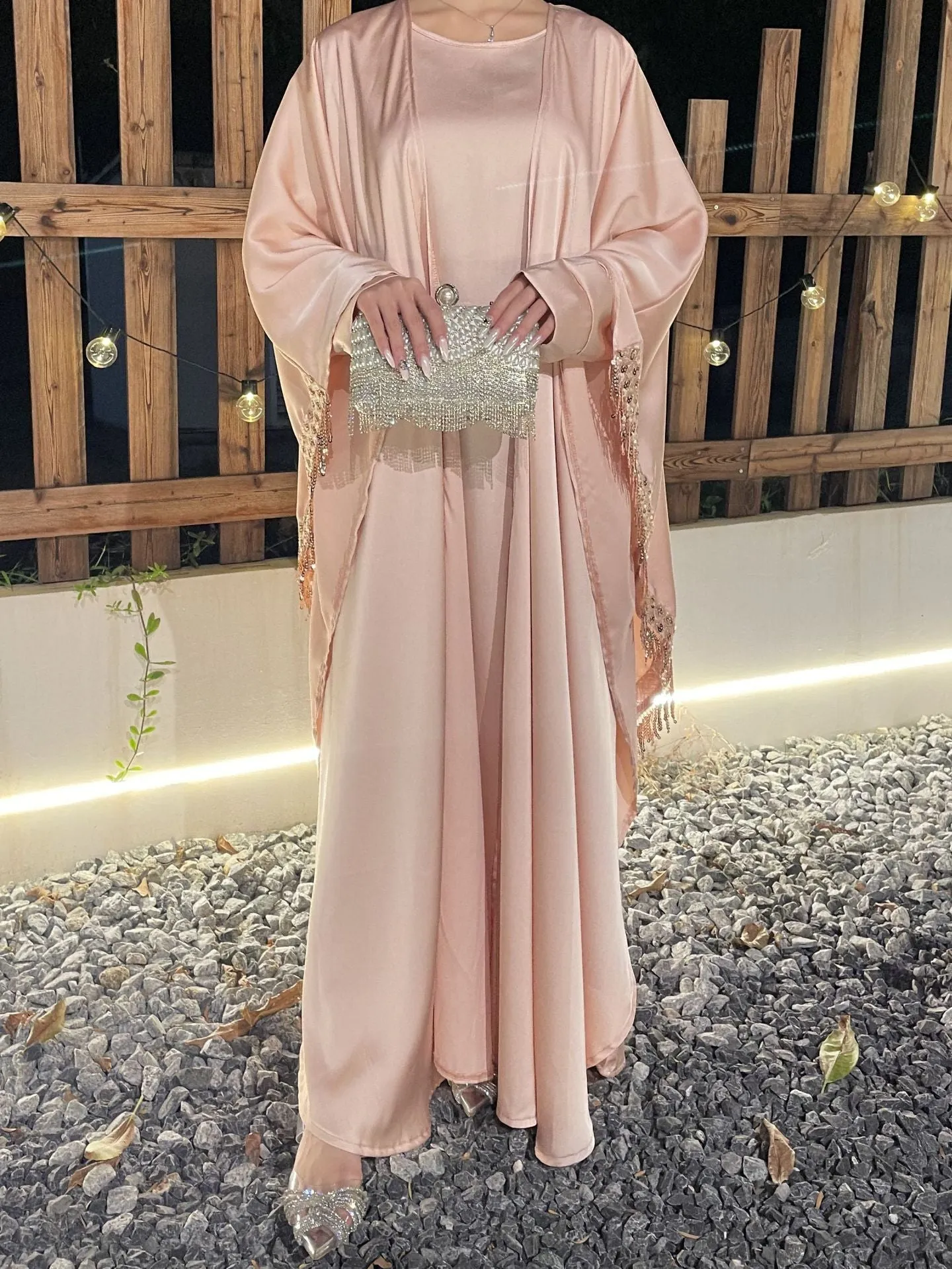 Butterfly Satin Abaya Set 2 Pieces Modest Clothing With Inner Dress sold by Evofash