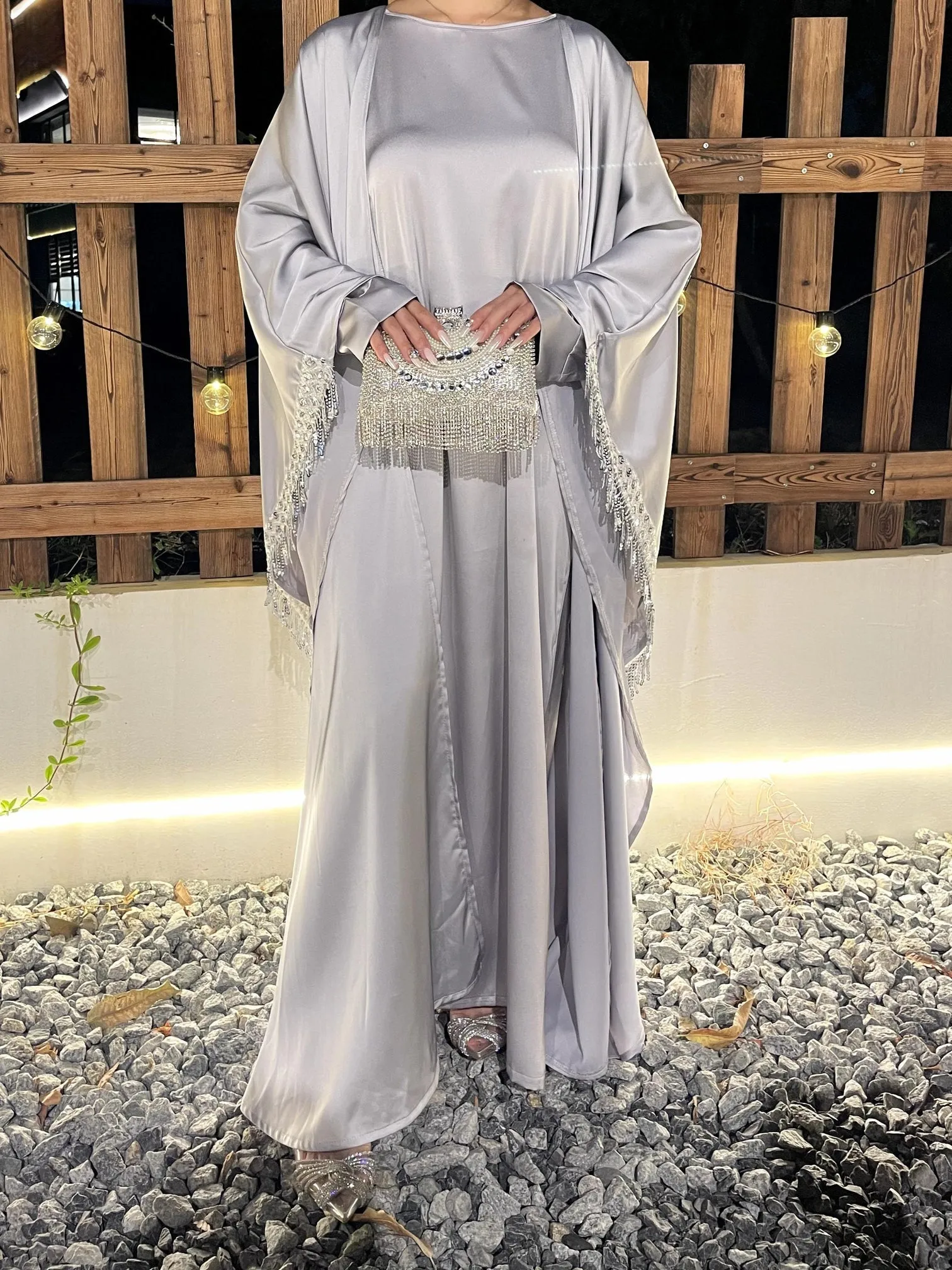 Butterfly Satin Abaya Set 2 Pieces Modest Clothing With Inner Dress sold by Evofash product image thumbnail 5