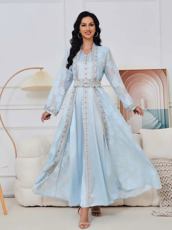 Fresh Lace Blue & Pink Abaya 3 Piece Set sold by Evofash