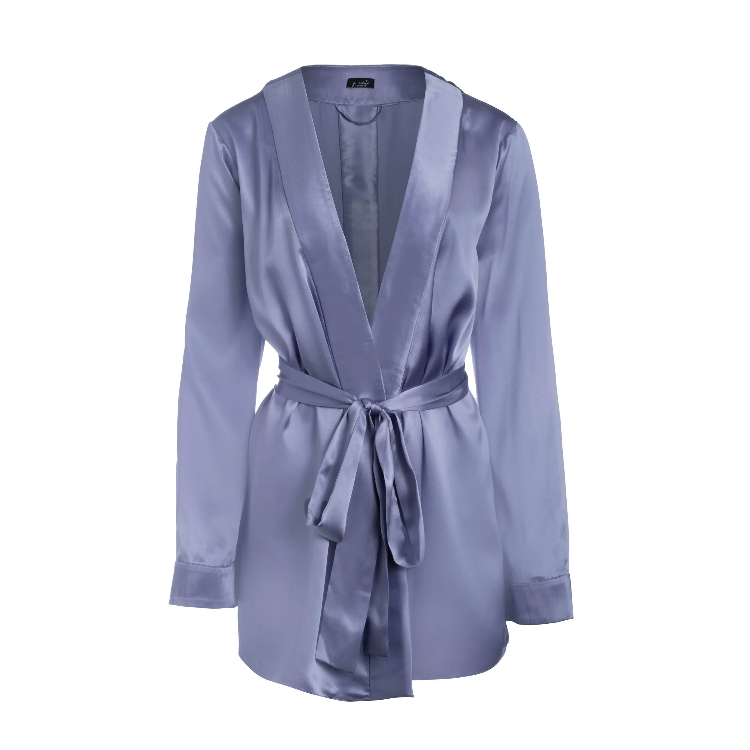 lola silk short robe in periwinkle sold by Je Mérite